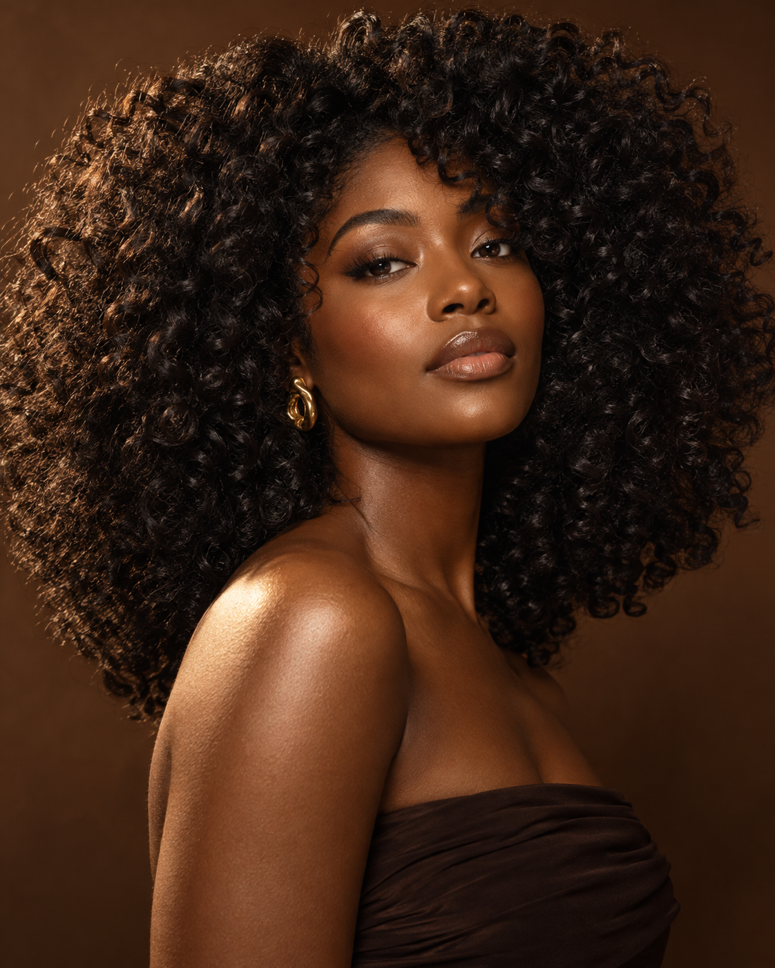 Editorial portrait of a woman with voluminous natural curls
